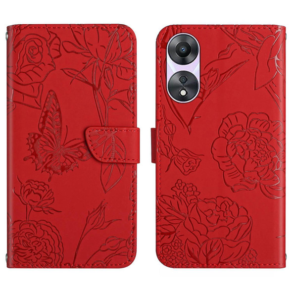 For OPPO A58 4G HT03 Skin Feel Butterfly Embossed Flip Leatherette Phone Case(Red)