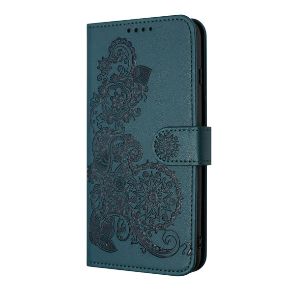 For Samsung Galaxy S22 Datura Flower Embossed Flip Leatherette Phone Case(Dark Green)