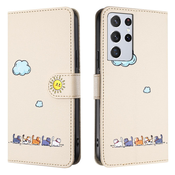 For Samsung Galaxy S21 Ultra 5G Cartoon Cats Leatherette Phone Case(Beige White)