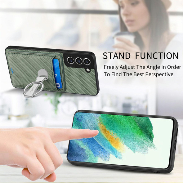 For Samsung Galaxy S21 FE 5G Carbon Fiber Card Wallet Folding Ring Holder Phone Case(Green)