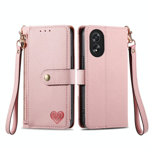 For OPPO A38 Love Zipper Lanyard Leatherette Phone Case(Pink)