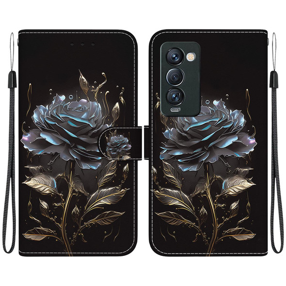 For Tecno Camon 18 Premier Crystal Texture Colored Drawing Leatherette Phone Case(Black Rose)