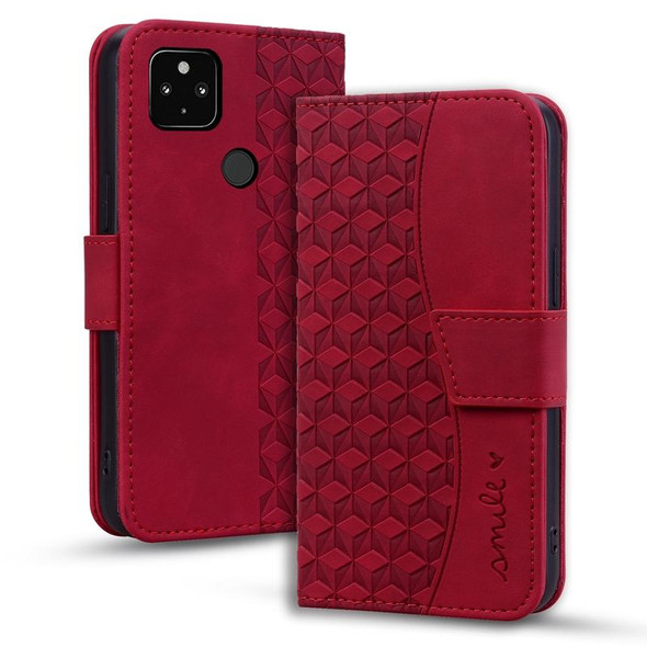 For Google Pixel 4a 5G Business Diamond Buckle Leatherette Phone Case with Lanyard(Wine Red)