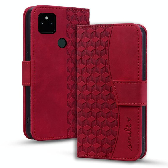 For Google Pixel 5a Business Diamond Buckle Leatherette Phone Case with Lanyard(Wine Red)