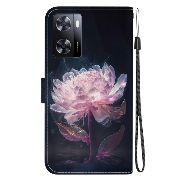 For OPPO A57 5G / A57s 4G Crystal Texture Colored Drawing Leatherette Phone Case(Purple Peony)