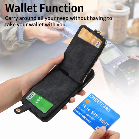 For Samsung Galaxy S21 5G Cross Leatherette Ring Vertical Zipper Wallet Back Phone Case(Black)