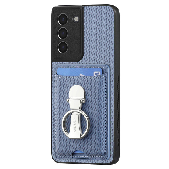 For Samsung Galaxy S21+ 5G Carbon Fiber Card Wallet Folding Ring Holder Phone Case(Blue)