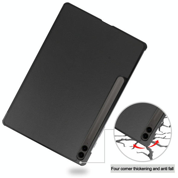 For Samsung Galaxy Tab S9 FE+ Custer Pure Color 3-Fold Holder Smart Leatherette Tablet Case(Black)