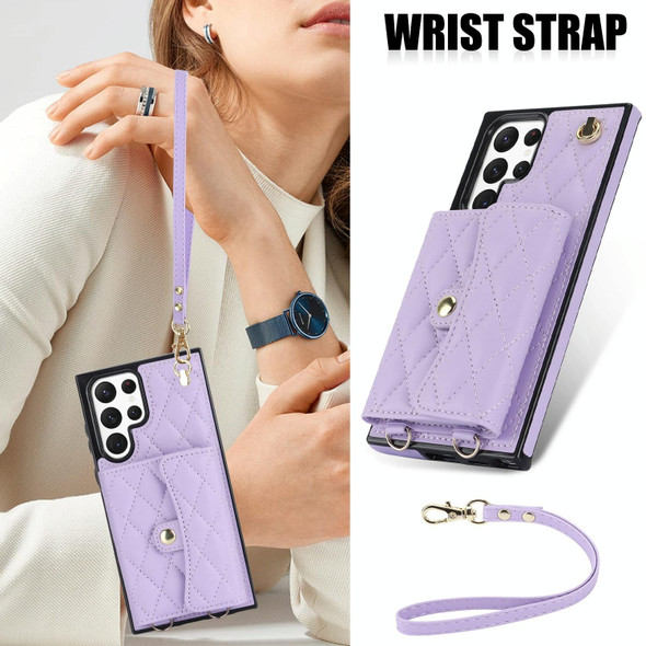 For Samsung Galaxy S22 Ultra 5G Crossbody Rhombic Horizontal Wallet Leatherette Phone Case(Purple)