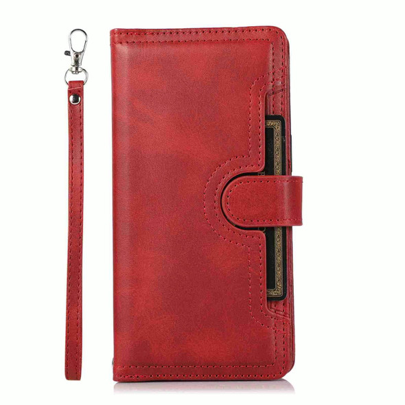 For iPhone 15 Plus Wristband Card Slot Leatherette Phone Case(Red)