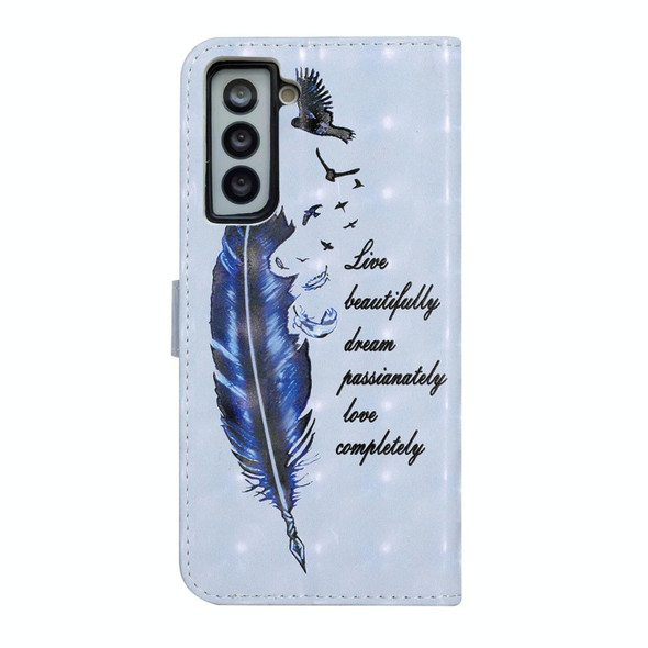 For Samsung Galaxy S21 FE 5G Oil Embossed 3D Drawing Leatherette Phone Case(Blue Feather)