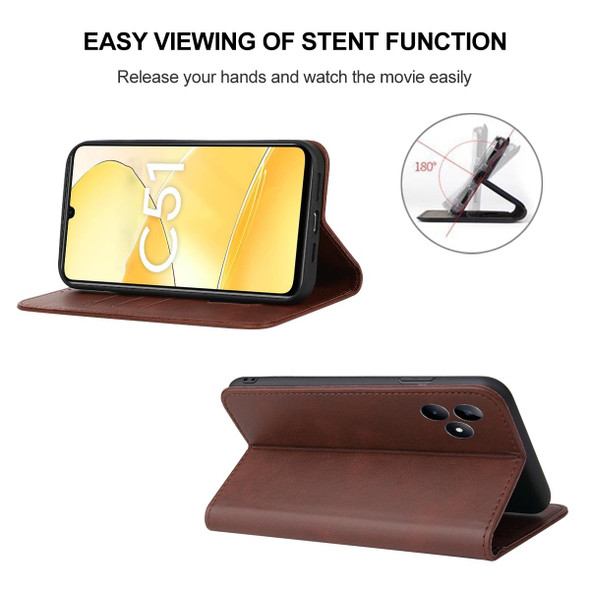 For Realme C51 Magnetic Closure Leatherette Phone Case(Brown)