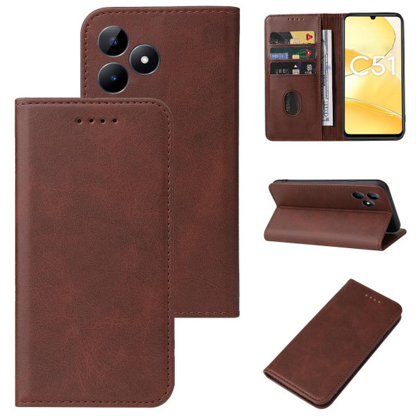 For Realme C51 Magnetic Closure Leatherette Phone Case(Brown)