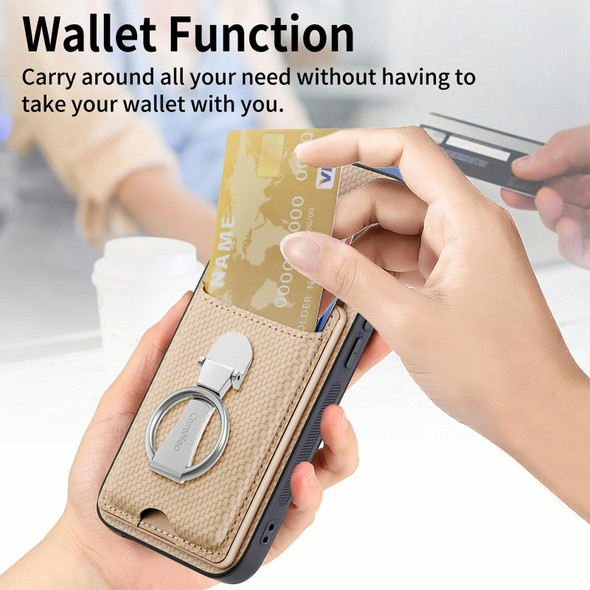 For Samsung Galaxy S21 5G Carbon Fiber Card Wallet Folding Ring Holder Phone Case(Khaki)