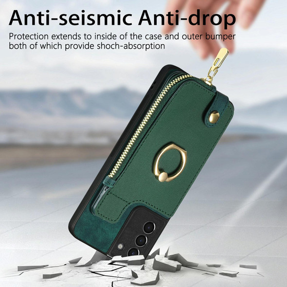 For Samsung Galaxy S21 5G Cross Leatherette Ring Vertical Zipper Wallet Back Phone Case(Green)