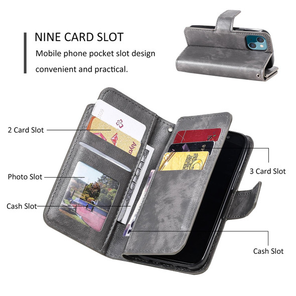 For iPhone 15 Plus Tri-Fold 9-Card Wallets Leatherette Phone Case(Grey)