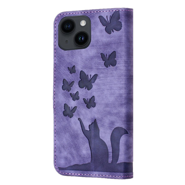 For iPhone 15 Butterfly Cat Embossing Flip Leatherette Phone Case(Purple)