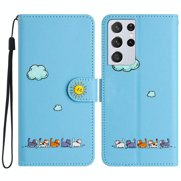 For Samsung Galaxy S21 Ultra 5G Cartoon Cats Leatherette Phone Case(Blue)