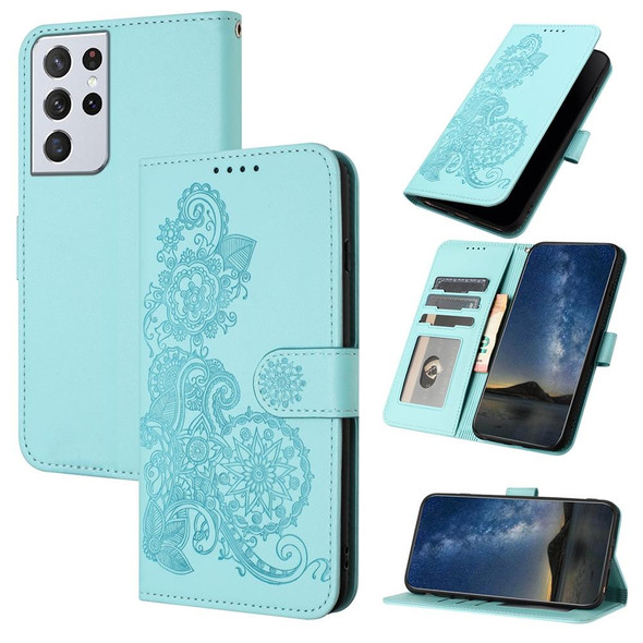 For Samsung Galaxy S21 Ultra Datura Flower Embossed Flip Leatherette Phone Case(Light blue)