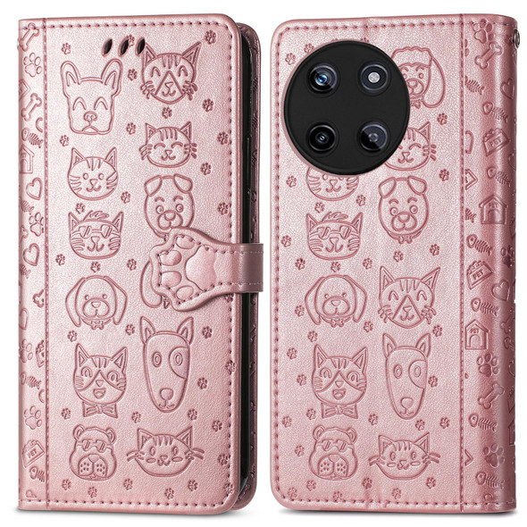 For Realme 11 4G Global Cat and Dog Embossed Leatherette Phone Case(Rose Gold)