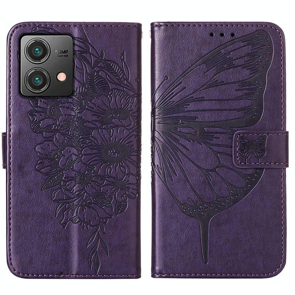 For Motorola Moto G84 Embossed Butterfly Leatherette Phone Case(Dark Purple)