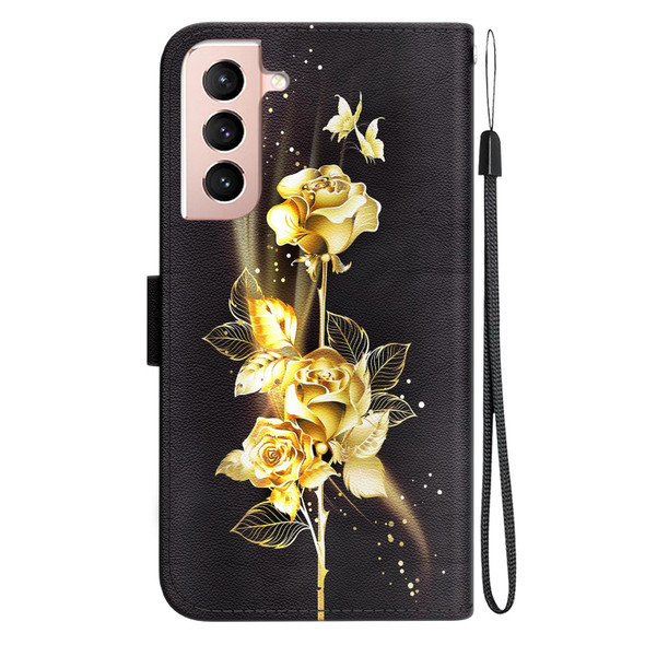 For Samsung Galaxy S21 5G Crystal Texture Colored Drawing Leatherette Phone Case(Gold Butterfly Rose)