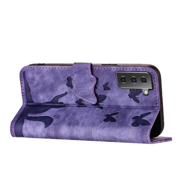 For Samsung Galaxy S21+ 5G Butterfly Cat Embossing Flip Leatherette Phone Case(Purple)