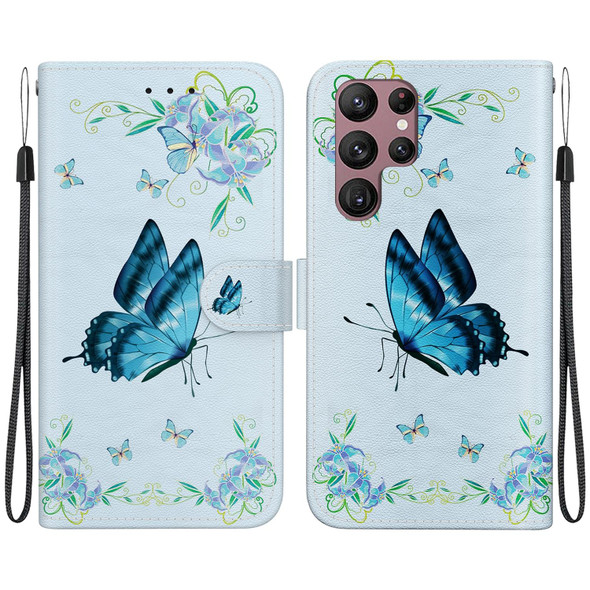 For Samsung Galaxy S22 Ultra 5G Crystal Texture Colored Drawing Leatherette Phone Case(Blue Pansies)