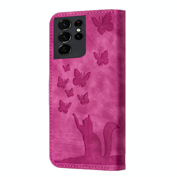 For Samsung Galaxy S21 Ultra 5G Butterfly Cat Embossing Flip Leatherette Phone Case(Pink)