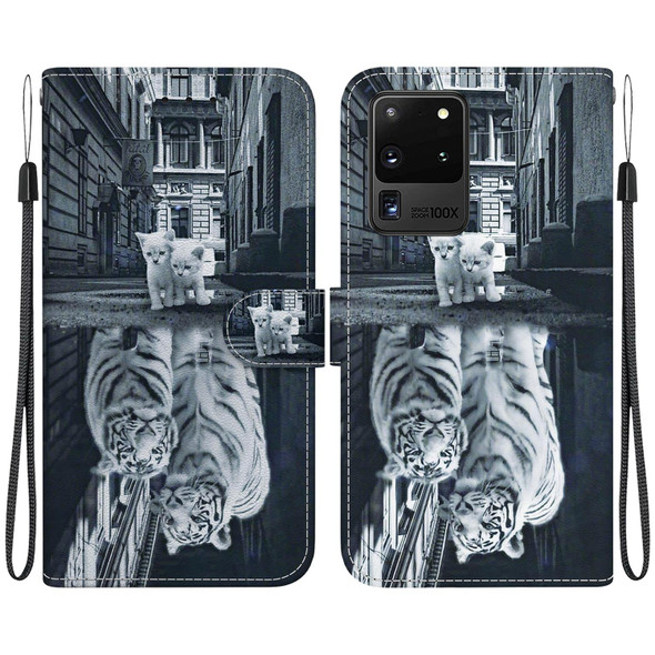 For Samsung Galaxy S20 Ultra Crystal Texture Colored Drawing Leatherette Phone Case(Cat Tiger Reflection)