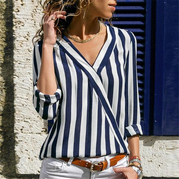 Women Striped Shirt Long Sleeve V-neck Shirts Casual Tops Blouse, Size:S(Navy Blue)