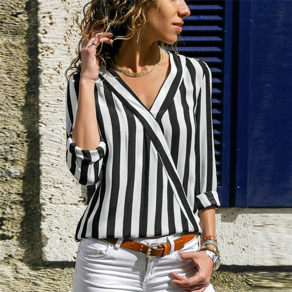 Women Striped Shirt Long Sleeve V-neck Shirts Casual Tops Blouse, Size:XL(Black)