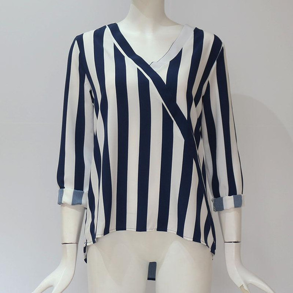 Women Striped Shirt Long Sleeve V-neck Shirts Casual Tops Blouse, Size:XL(Navy Blue)