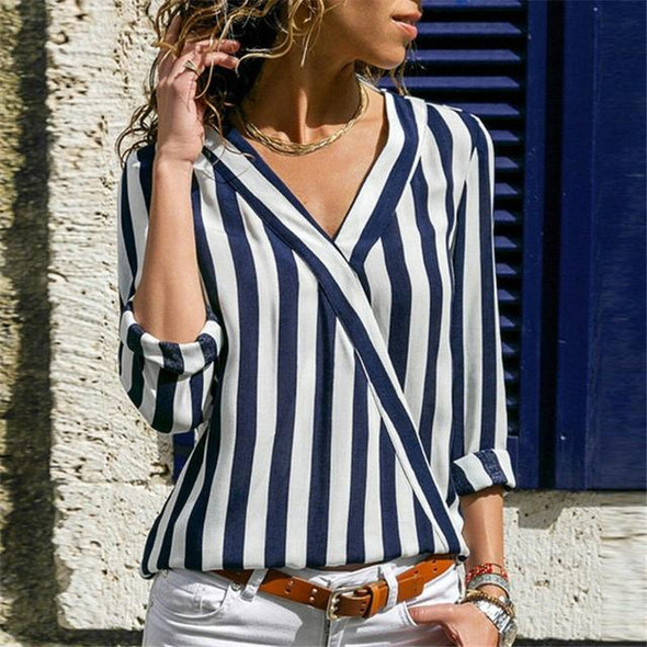 Women Striped Shirt Long Sleeve V-neck Shirts Casual Tops Blouse, Size:M(Navy Blue)