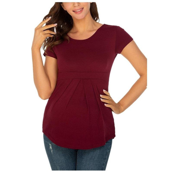 Ruffle Shirt Pleated Maternity Blouse With Short Sleeves (Color:Wine Red Size:XL)