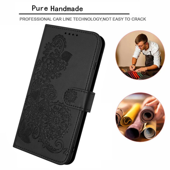 For iPhone 15 Datura Flower Embossed Flip Leatherette Phone Case(Black)
