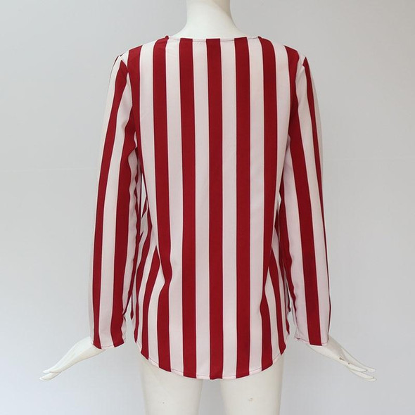 Women Striped Shirt Long Sleeve V-neck Shirts Casual Tops Blouse, Size:XXXL(Red)