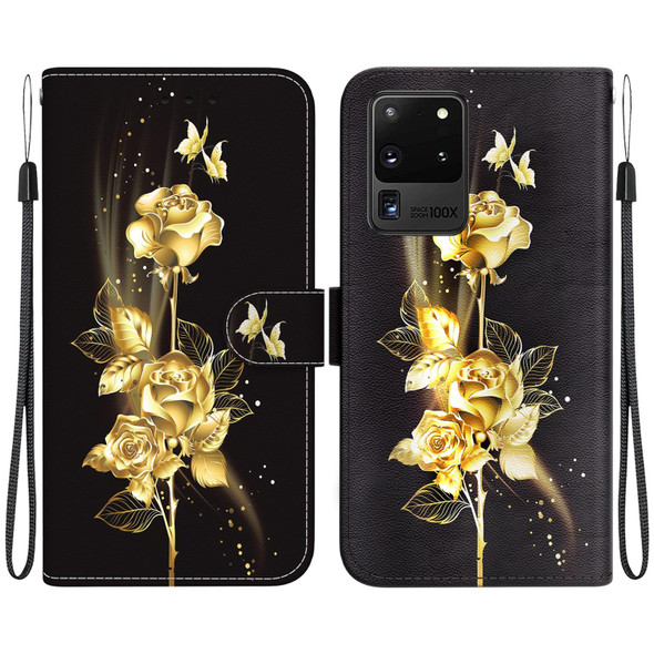 For Samsung Galaxy S20 Ultra Crystal Texture Colored Drawing Leatherette Phone Case(Gold Butterfly Rose)