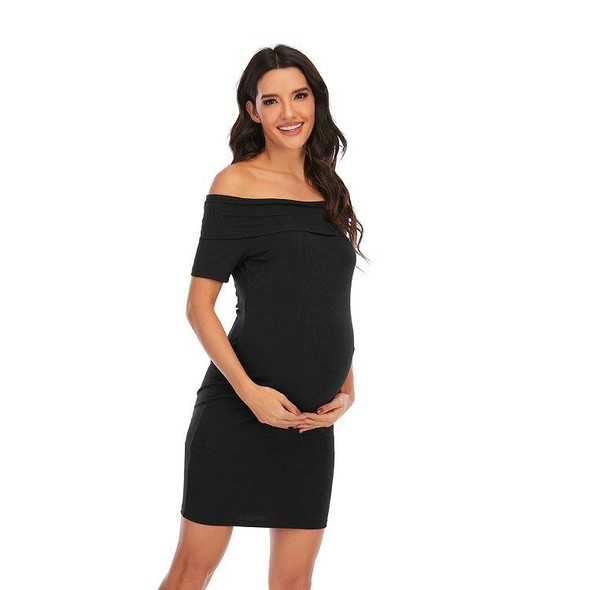 Pure Color One-shoulder Short-sleeved Maternity Dress (Color:Black Size:L)