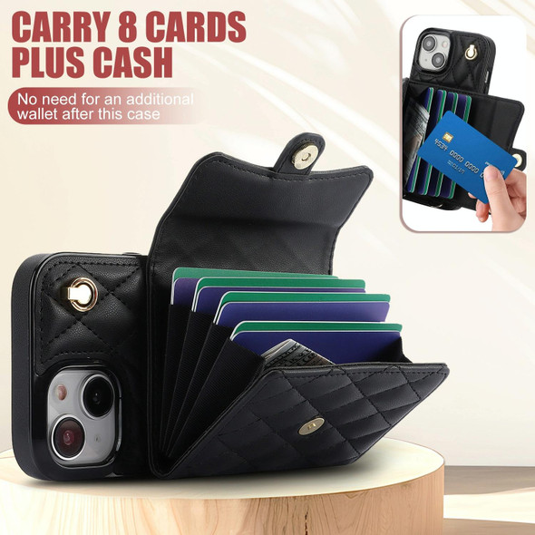 For iPhone 14 Crossbody Rhombic Horizontal Wallet Leatherette Phone Case(Black)