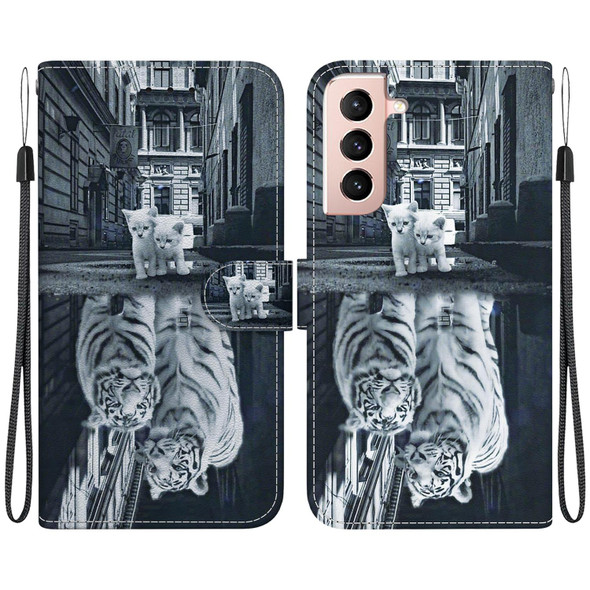 For Samsung Galaxy S21 5G Crystal Texture Colored Drawing Leatherette Phone Case(Cat Tiger Reflection)