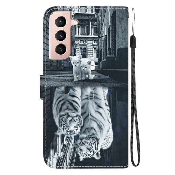 For Samsung Galaxy S21+ 5G Crystal Texture Colored Drawing Leatherette Phone Case(Cat Tiger Reflection)