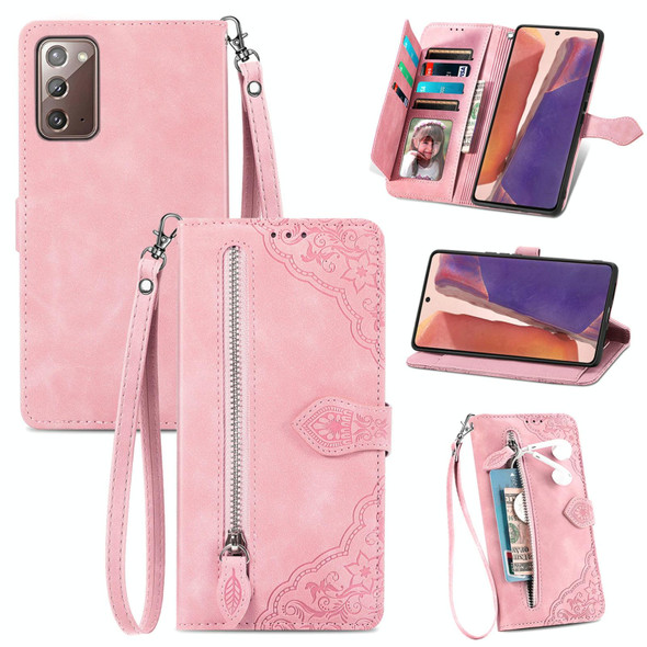 For Samsung Galaxy Note20 Embossed Flower Zipper Leatherette Phone Case(Pink)