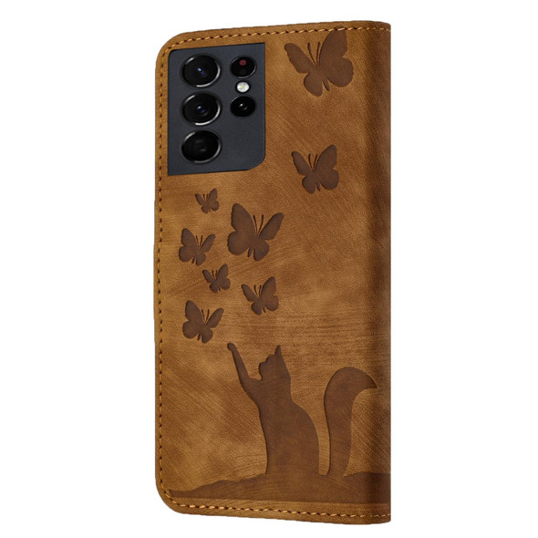 For Samsung Galaxy S21 Ultra 5G Butterfly Cat Embossing Flip Leatherette Phone Case(Brown)
