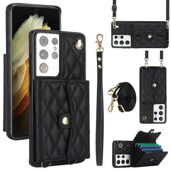 For Samsung Galaxy S21 Ultra 5G Crossbody Rhombic Horizontal Wallet Leatherette Phone Case(Black)
