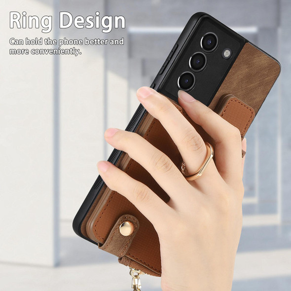For Samsung Galaxy S21 5G Cross Leatherette Ring Vertical Zipper Wallet Back Phone Case(Brown)