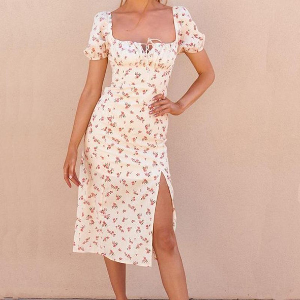 Floral One-line Collar Halter Slit Short Sleeve Dress Mid-length Dress for Ladies (Color:White Size:M)