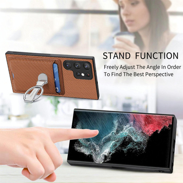 For Samsung Galaxy S22 Ultra 5G Carbon Fiber Card Wallet Folding Ring Holder Phone Case(Brown)