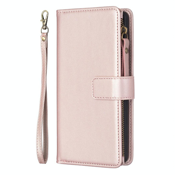 For Samsung Galaxy S24+ 5G 9 Card Slots Zipper Wallet Leatherette Flip Phone Case(Rose Gold)
