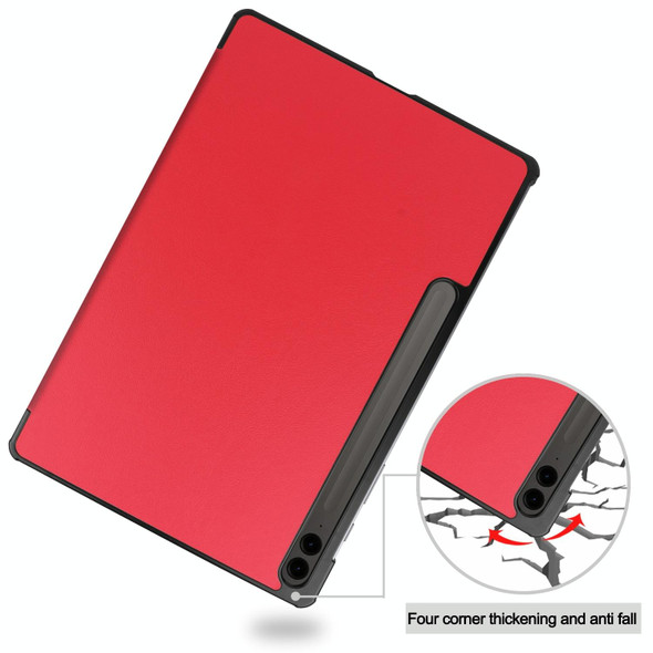 For Samsung Galaxy Tab S9 FE+ Custer Pure Color 3-Fold Holder Smart Leatherette Tablet Case(Red)